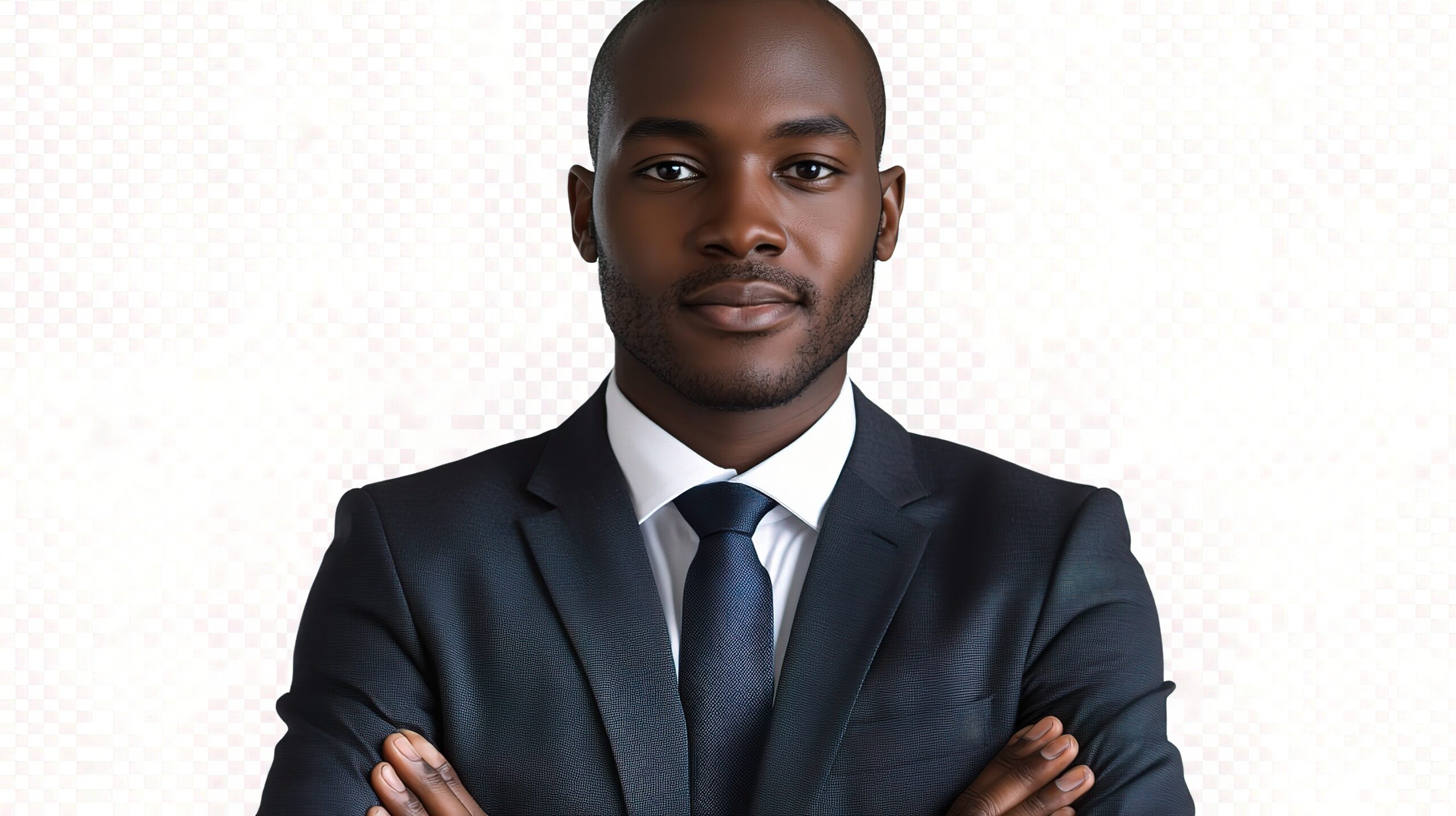 confident african businessman posing isolated on light background